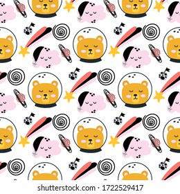 Bear and spaceships, rockets, planets, stars hand drawn seamless vector fill. Cute childish drawing. Baby wrapping paper, textile, vector illustration 