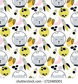 Bear and spaceships, rockets, planets, stars hand drawn seamless vector fill. Cute childish drawing. Baby wrapping paper, textile, vector illustration 