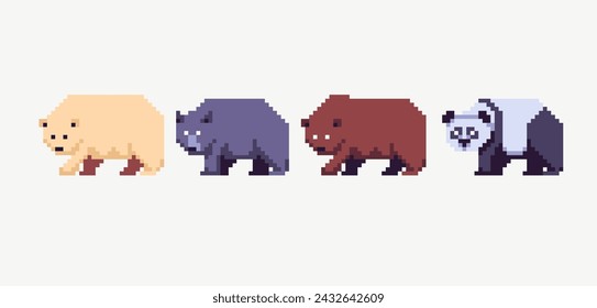 Bear species pixel art set. Grizzly, panda, polar collection. 8 bit. Game development, mobile app. Isolated vector illustration. Cross stitch pattern.