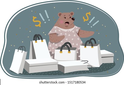 Bear spent too much money on shopping. Black fridez funny cartoon vector illustration.