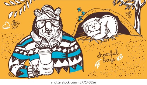 Bear spring drinking coffee. Hipster vector illustration for postcards