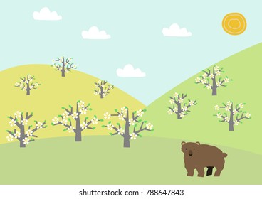 Bear and spring landscape. Spring landscape.Illustrations of the four seasons.