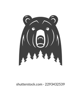 Bären Fichtenwald Doppelexposition Reise Camp Vintage Logo Design Vektorgrafik. Ambulante Raubtiere porträtieren Tannenbaum Silhouette Jagd Maskottchen Natur wild lebende Wälder Fleisch fressende Tiere