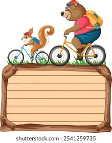 Bear and squirrel cycling with backpacks on