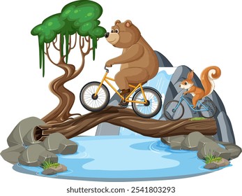 Urso e esquilo pedalando sobre um córrego cênico