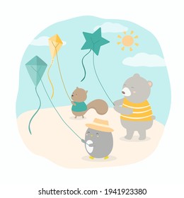 bear, squirrel and penguin kite flying together on the beach on summer holidays, Hand drawn style flat vector illustration, Cartoon Character in Summer time concept