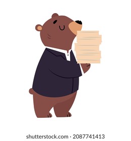 Bear Staff or Office Employee in Suit Carrying Stack of Paper Document Vector Illustration