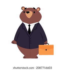 Bear Staff or Office Employee in Tie and Suit Standing with Briefcase Vector Illustration