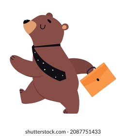 Bear Staff or Office Employee in Tie Walking with Briefcase Vector Illustration