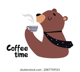 Bear Staff or Office Employee in Tie Drinking Coffee Having Lunch Break Vector Illustration