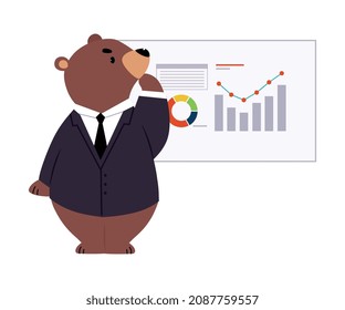 Bear Staff or Office Employee in Tie and Suit Making Finance Presentation Vector Illustration