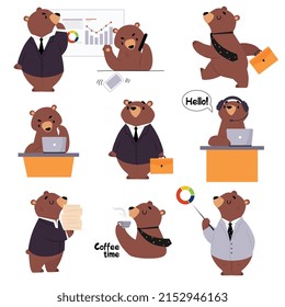 Bear Staff or Office Employee in Tie and Suit Speaking by Phone and Executing Task Vector Set