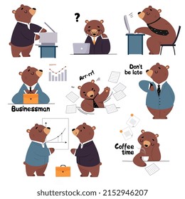 Bear Staff or Office Employee in Tie and Suit at Laptop Executing Task and Drinking Coffee Vector Set