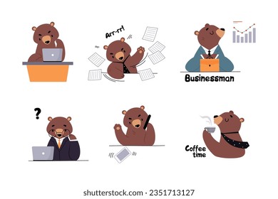 Bear Staff or Office Employee in Tie and Suit Vector Illustration Set