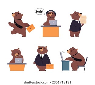 Bear Staff or Office Employee in Tie and Suit Vector Illustration Set