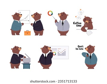 Bear Staff or Office Employee in Tie and Suit Vector Illustration Set