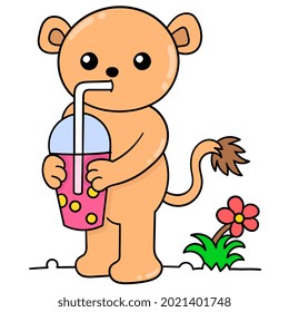 bear standing drinking boba, vector illustration art. doodle icon image kawaii.