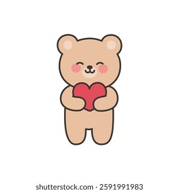 Bear Standing and Holding a Red Heart with a Sweet Smile Vector Illustration