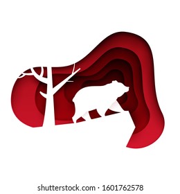 Bear standing on hill in paper cut trendy craft cartoon style. Minimalistic creative modern design for advertising, branding background greeting card, cover, poster, banner. Vector illustration.
