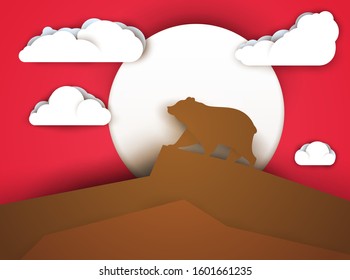 Bear standing on mountain in paper cut trendy craft cartoon style. Minimalistic creative modern design for advertising, branding background greeting card, cover, poster, banner. Vector illustration.