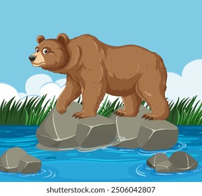 Ein Bär, der auf Felsen in einem Fluss steht