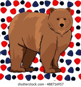 Bear standing on a seamless background pattern of wild berries: raspberries, blackberries and blueberries. Bear background. Hand drawing. Vector illustration.