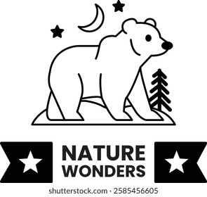 A bear is standing on a snowy surface with a moon in the background in the style of sign illustrations