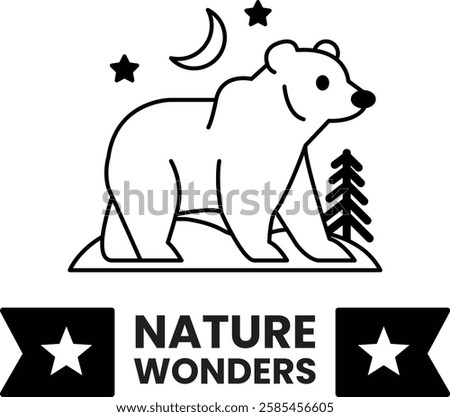 A bear is standing on a snowy surface with a moon in the background in the style of sign illustrations