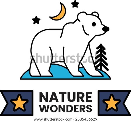 A bear is standing on a snowy surface with a moon in the background in the style of sign illustrations