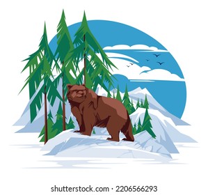 The bear stands alone on a stone. Coniferous forest and mountains background. Alaska landscape. The wild nature. Vector flat illustration