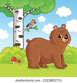 The bear stands in a clearing next to a birch. Vector illustration in cartoon style with forest animal.