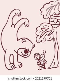 the bear stands on its front paws, and a bee stands in front of it and holds a pot of honey
