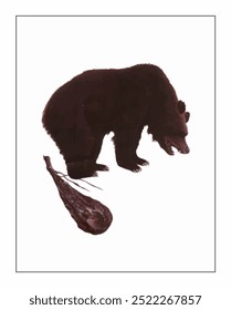 A bear stands with a thoughtful gaze, next to a dark, textured club-shaped object, set against a clean white background.