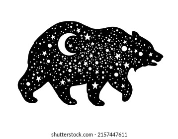 Bear star constellation silhouette. Astrology sky vector. Mystic adventure icon. Magic boho fantasy tshirt design with universe space  galaxy. North bear surreal logo. Big Dipper star bohemian tattoo 