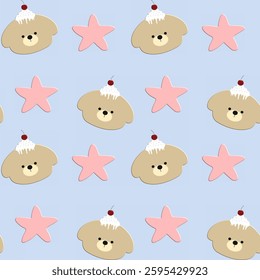 Bear, star on blue background, fabric pattern, gift wrapping paper pattern, seamless pattern