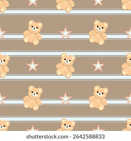 Bear star on brown background , blue lines, fabric pattern, gift wrapping paper , seamless pattern 