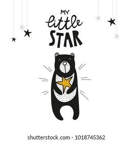 Bear and star, poster for baby room, greeting card, print on the wall, pillow, decoration kids interior, baby wear and t-shirts 
