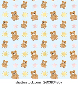 Bear, star, sun on blue background, fabric pattern, gift wrapping paper, seamless pattern