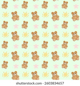 Bear, star, sun on green background, fabric pattern, gift wrapping paper, seamless pattern