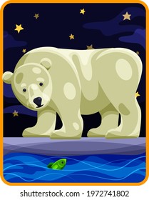 Bear. Sticker in color. Vector image. A polar bear stands on an ice floe by the water. There is a fish in the water. North Pole.