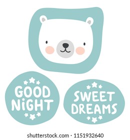 Bear sticker, good night and sweet dream background with star, vector illustration