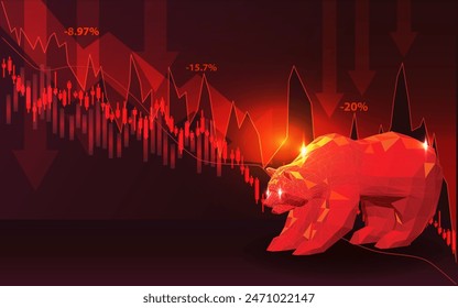 Bär- und Aktiendiagramm auf schwarzem Hintergrund, Geschäftsfinanzierung und Investitionen, Bärenmarkt