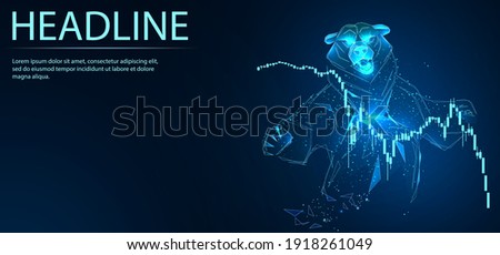 Bear with stock schedule. Digital low poly wireframe of futuristic vector. Finance and business concept. 