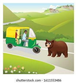 Bear stop Rickshaw middle of the road
