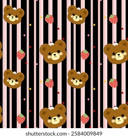 Bear, Strawberry, Cake on black background, Blue lines, Fabric pattern, Wrapping paper pattern, Mobile phone case, Notebook cover , seamless pattern 