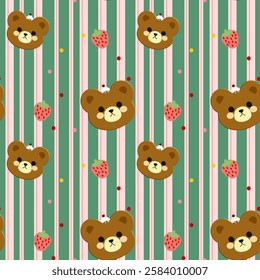 Bear, Strawberry, Cake on  green background, pink lines, Fabric pattern, Wrapping paper pattern, Mobile phone case, Notebook cover , seamless pattern 