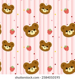 Bear, Strawberry, Cake on pink background, pink lines, Fabric pattern, Wrapping paper pattern, Mobile phone case, Notebook cover , seamless pattern 