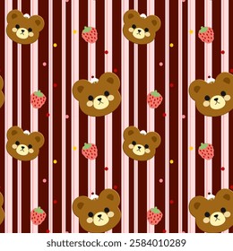 Bear, Strawberry, Cake on red background, pink lines, Fabric pattern, Wrapping paper pattern, Mobile phone case, Notebook cover , seamless pattern 