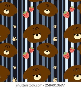 Bear, Strawberry on black background, Blue lines, Fabric pattern, Wrapping paper pattern, Mobile phone case, Notebook cover , seamless pattern 