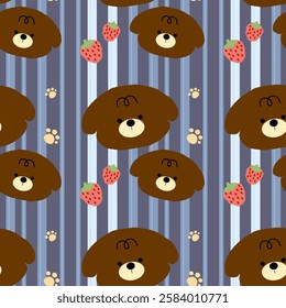 Bear, Strawberry on gray background, Blue lines, Fabric pattern, Wrapping paper pattern, Mobile phone case, Notebook cover , seamless pattern 